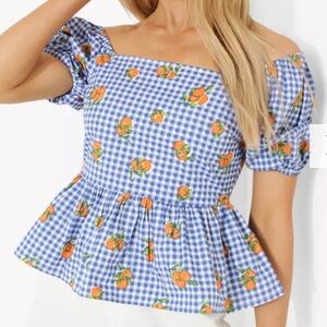 Blue Gingham Floral Short Sleeve Top